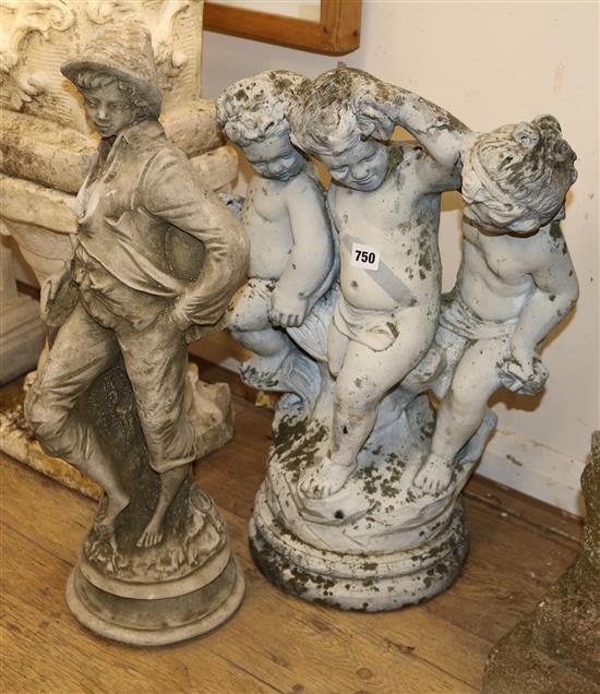 A reconstituted stone group of three putti and another W.41cm and 18cm